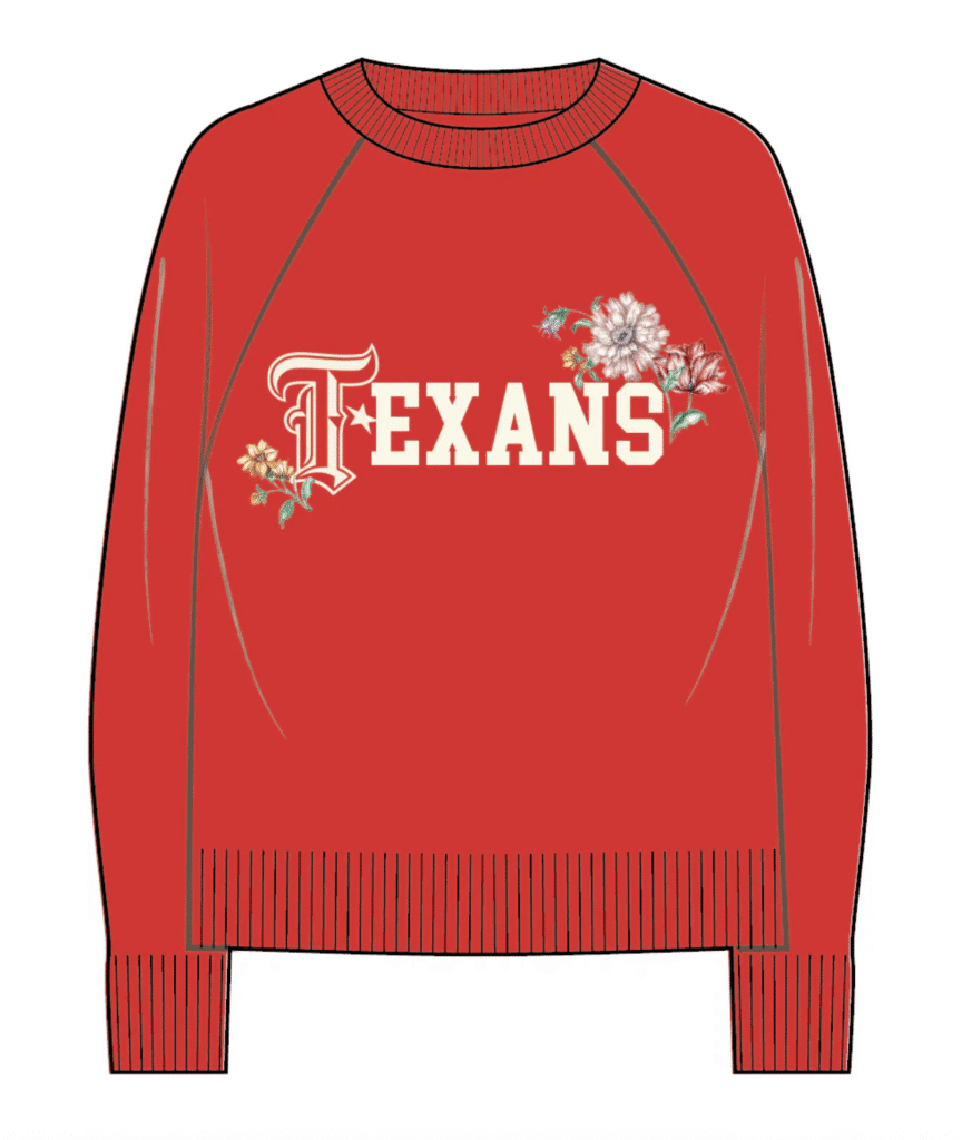 The Houston Texans T Logo Sweater in battle red from the Christy Lynn capsule collection, licensed by the NFL